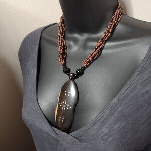 18 Inch Beaded Necklace With Large Wooden Pendant